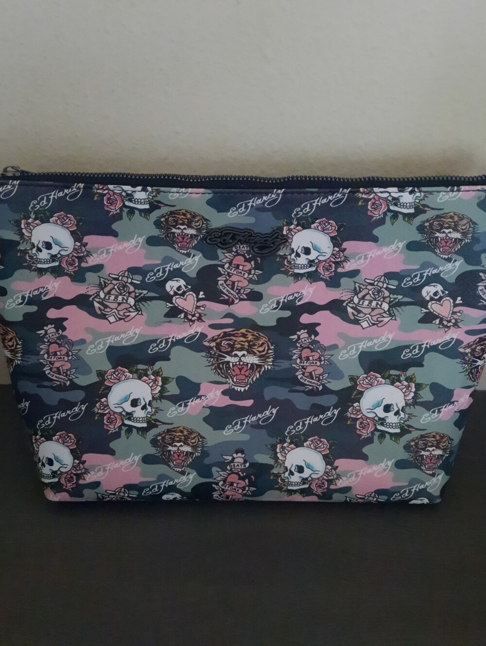 Ed Hardy Pink and Gray Camo Skull & Tiger Cosmetic Bag